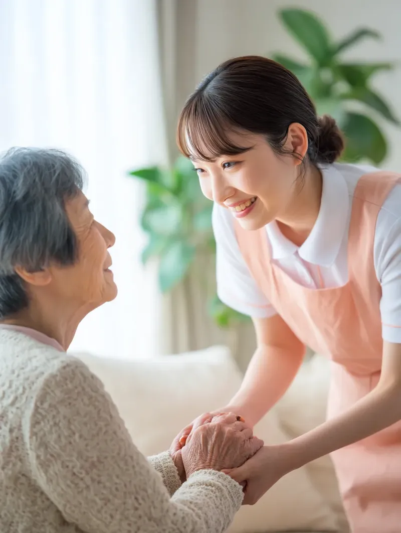 高齢の女性に話しかけるスタッフ