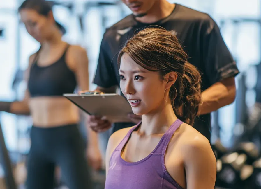 クリップボードを持ったトレーナーと話す女性